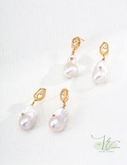 Vintage Natural Baroque Pearl Zircon Drop Earrings  | 18K Fine Gold