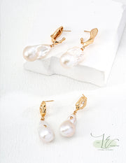 Vintage Natural Baroque Pearl Zircon Drop Earrings  | 18K Fine Gold