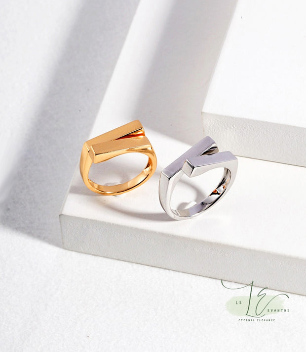 Minimalist Geometric Rectangular Adjustable Open Ring | 925 Sterling Silver | 18K Fine Gold