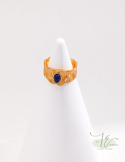 Vintage Design Zircon & Lapis Lazuili Gemstones Adjustable Open Ring | 18K Fine Gold