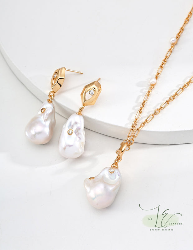 Vintage Natural Baroque Pearl Zircon Drop Earrings  | 18K Fine Gold