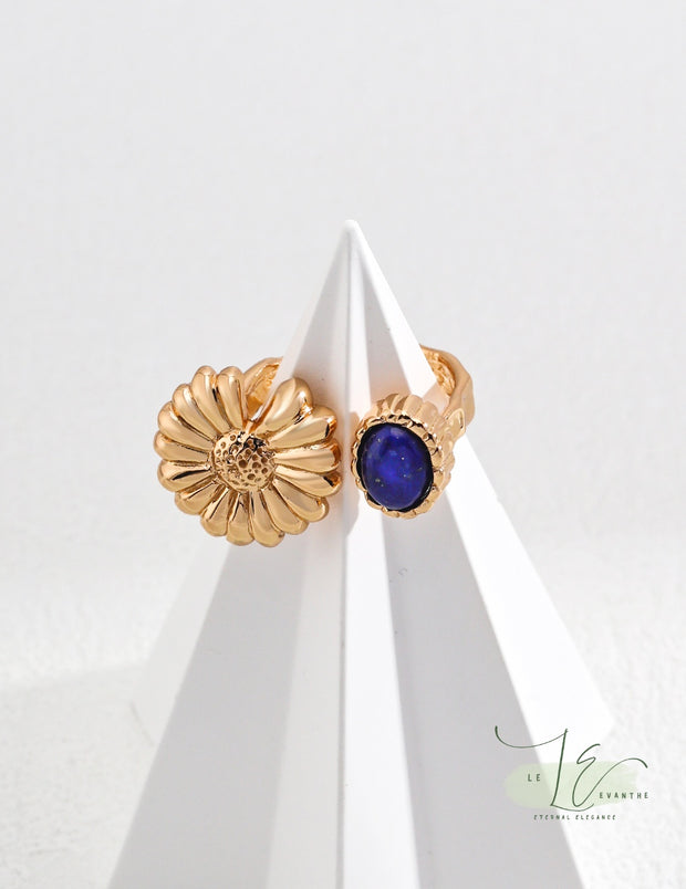 Daisy Flower & Lapis Lazuli Adjustable Open Ring | 925 Sterling Silver | 18K Fine Gold