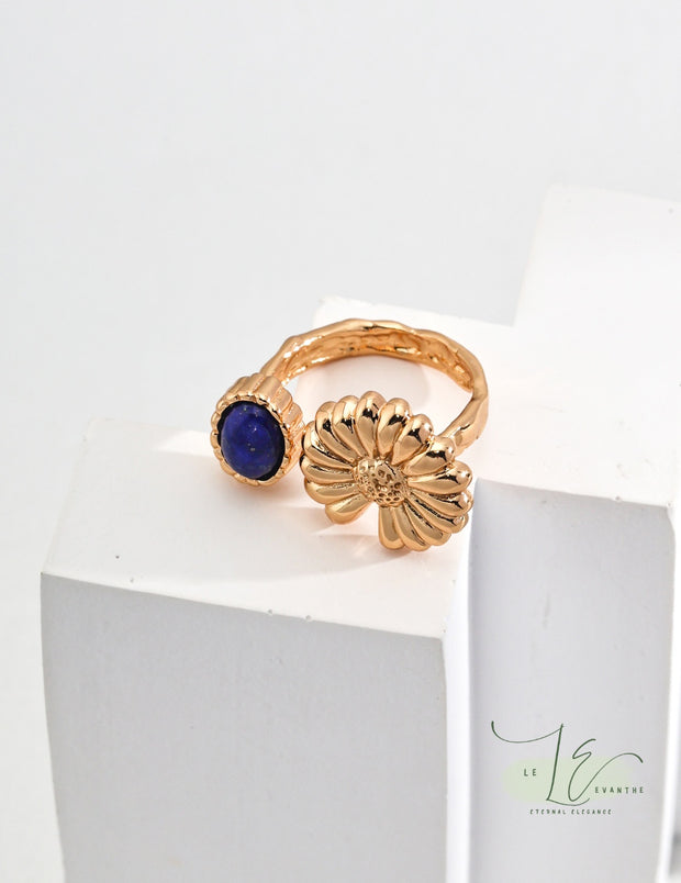 Daisy Flower & Lapis Lazuli Adjustable Open Ring | 925 Sterling Silver | 18K Fine Gold