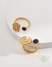 Daisy Flower & Lapis Lazuli Adjustable Open Ring | 925 Sterling Silver | 18K Fine Gold