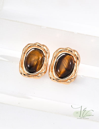 Tigerite Stone Vintage Frame Stud Earrings | 18K Fine Gold