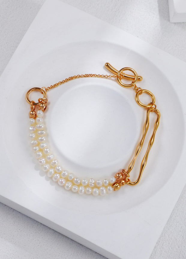 Double-layered Freshwater Pearl Sculptural Bracelet  | 925 Sterling Silver | 18K Fine Gold