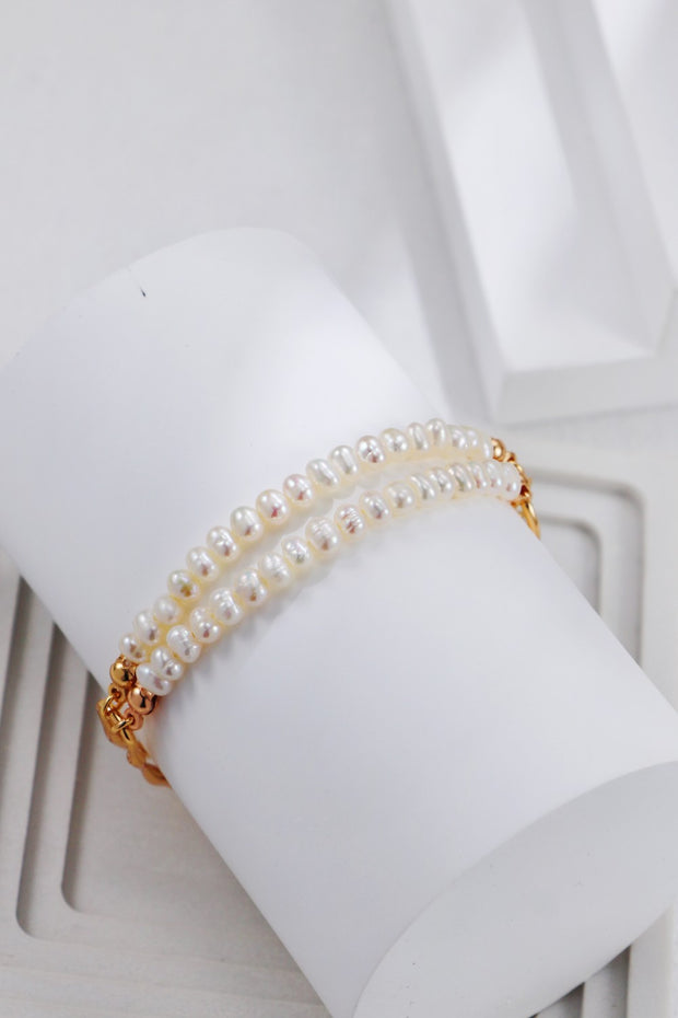 Double-layered Freshwater Pearl Sculptural Bracelet  | 925 Sterling Silver | 18K Fine Gold