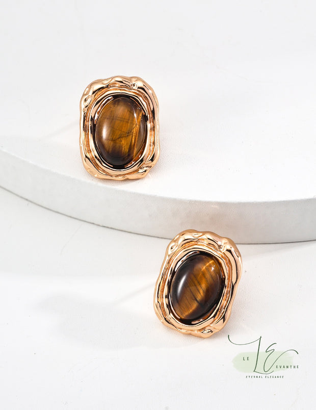 Tigerite Stone Vintage Frame Stud Earrings | 18K Fine Gold