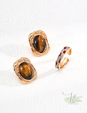 Tigerite Stone Vintage Frame Stud Earrings | 18K Fine Gold