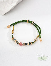 Strawberry Quartz & Moss Agate Handwoven Green Cord Bracelet | 18K Fine Gold