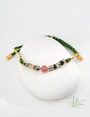 Strawberry Quartz & Moss Agate Handwoven Green Cord Bracelet | 18K Fine Gold