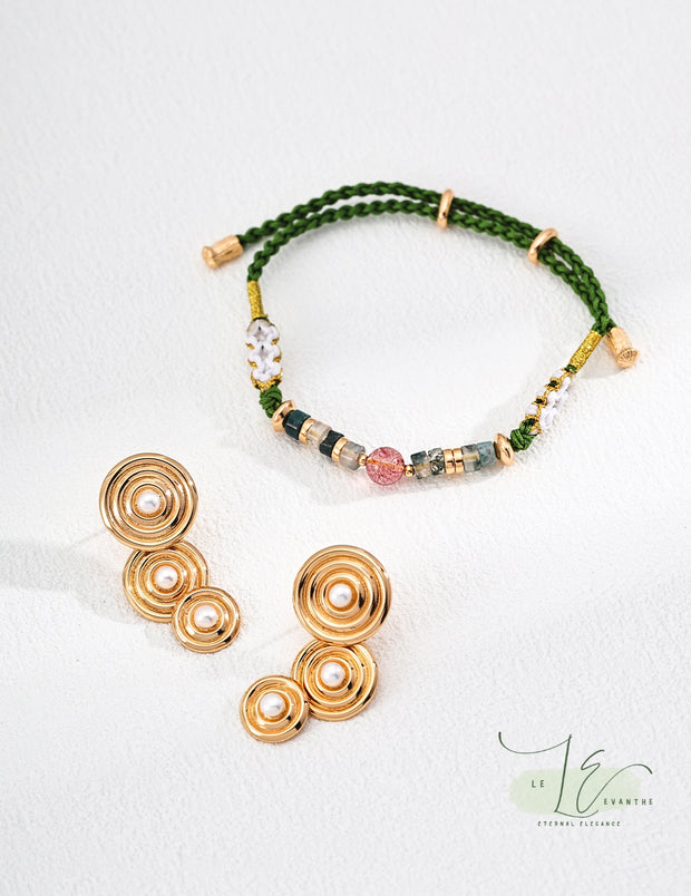 Strawberry Quartz & Moss Agate Handwoven Green Cord Bracelet | 18K Fine Gold