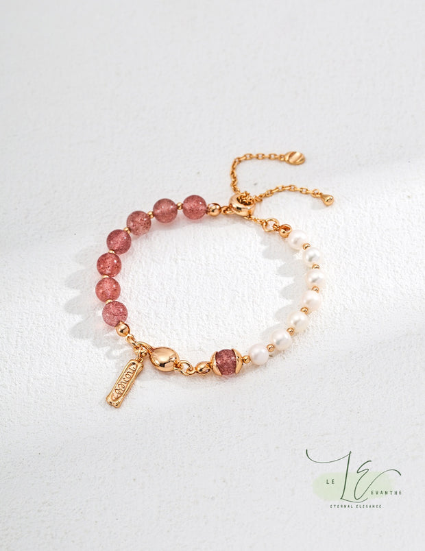 Strawberry Quartz & Freshwater Pearl Lucky Charm Bracelet | 18K Fine Gold