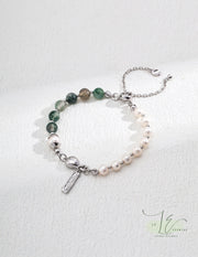 Moss Agate & Freshwater Pearl Bracelet with 925 Sterling Silver Pendant