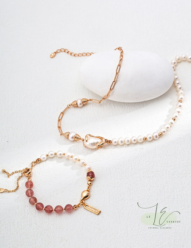 Strawberry Quartz & Freshwater Pearl Lucky Charm Bracelet | 18K Fine Gold