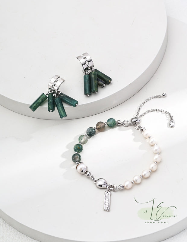 Moss Agate & Freshwater Pearl Bracelet with 925 Sterling Silver Pendant