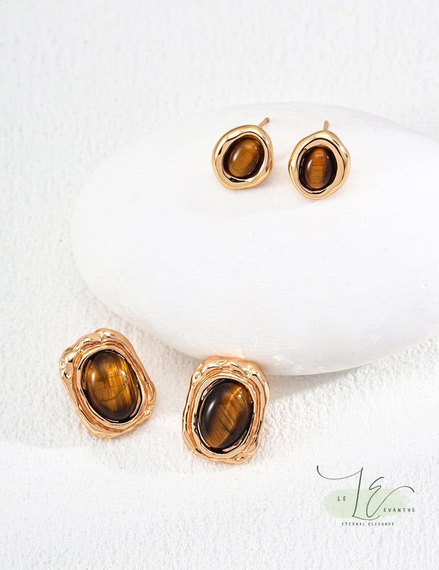 Tigerite Stone Vintage Frame Stud Earrings | 18K Fine Gold