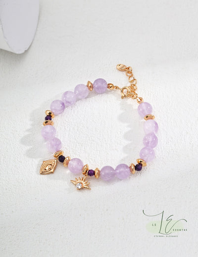 Natural Lavender Amethyst Crystal Beaded Bracelet with 18K Gold Totem Pendant