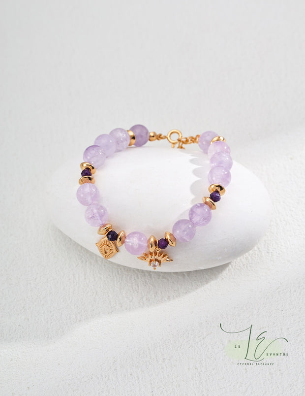 Natural Lavender Amethyst Crystal Beaded Bracelet with 18K Gold Totem Pendant