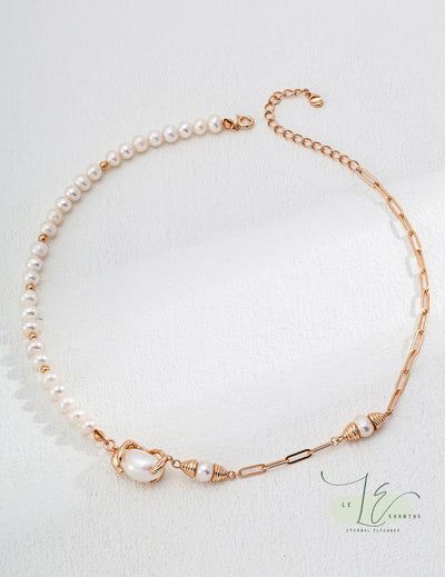 Freshwater Pearl Gold Beads Chain Crafted Necklace | 925 Sterling Silver | 18K Fine Gold