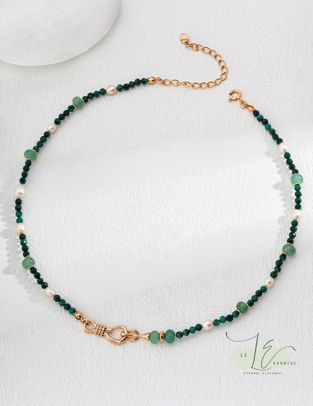 Natural Aventurine Quartz with Malachite & Pearl Minimalist Necklace | 18K Fine Gold