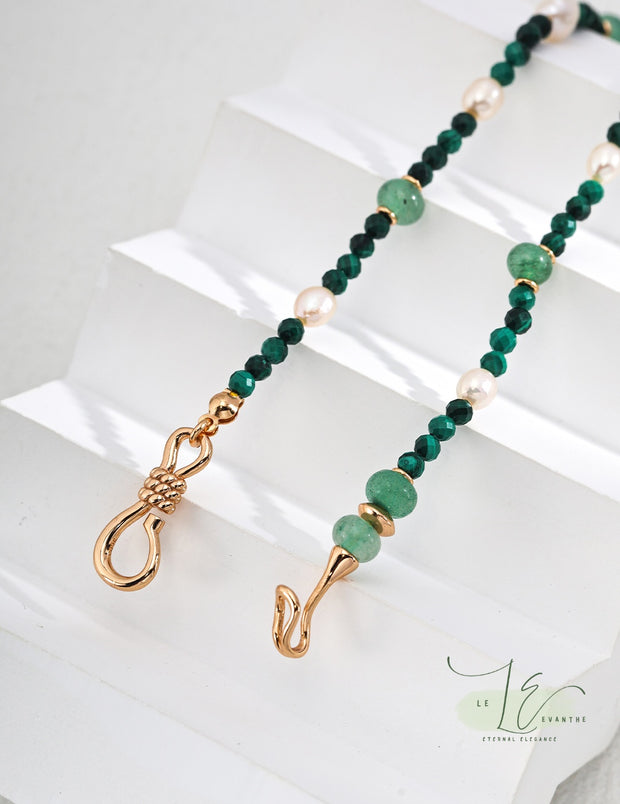 Natural Aventurine Quartz with Malachite & Pearl Minimalist Necklace | 18K Fine Gold