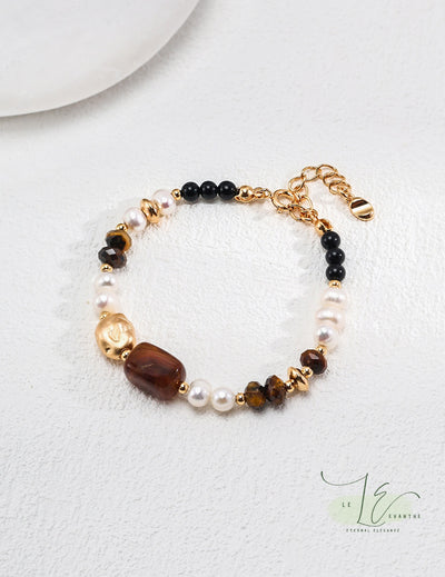 Freshwater Pearl Tiger Eye Faceted Beads & Black Agate Bracelet | 18K Fine Gold