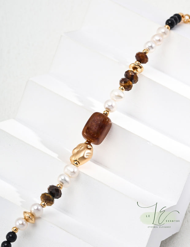 Freshwater Pearl Tiger Eye Faceted Beads & Black Agate Bracelet | 18K Fine Gold