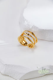 Triple Circle Irregular Adjustable Crafted Open Ring | 18K Fine Gold