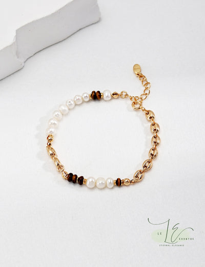 Freshwater Pearl & Natural Tiger Eye Flat Beads Chain Bracelet | 18K Fine Gold