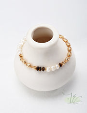 Freshwater Pearl & Natural Tiger Eye Flat Beads Chain Bracelet | 18K Fine Gold