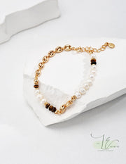 Freshwater Pearl & Natural Tiger Eye Flat Beads Chain Bracelet | 18K Fine Gold