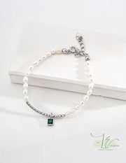 Freshwater Pearl with Cylindrical Long Bead & Green Zircon | 925 Sterling Silver | 18K Fine Gold