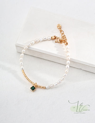 Freshwater Pearl with Cylindrical Long Bead & Green Zircon | 925 Sterling Silver | 18K Fine Gold