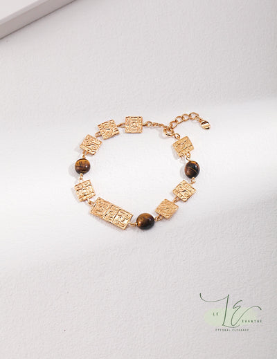 Geometric Totem Plate & Tiger’s Eye Beaded Fortune Bracelet | 18K Fine Gold