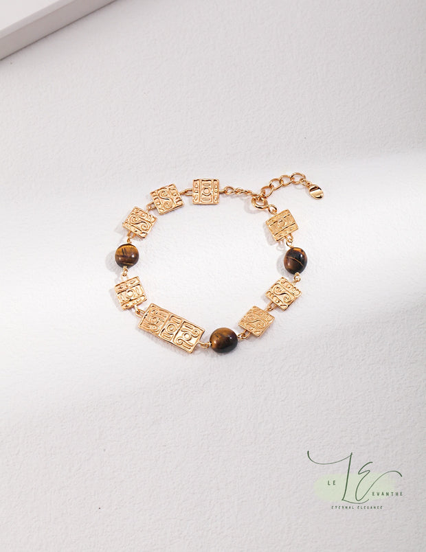 Geometric Totem Plate & Tiger’s Eye Beaded Fortune Bracelet | 18K Fine Gold