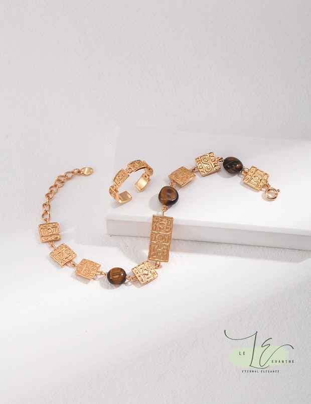 Geometric Totem Plate & Tiger’s Eye Beaded Fortune Bracelet | 18K Fine Gold