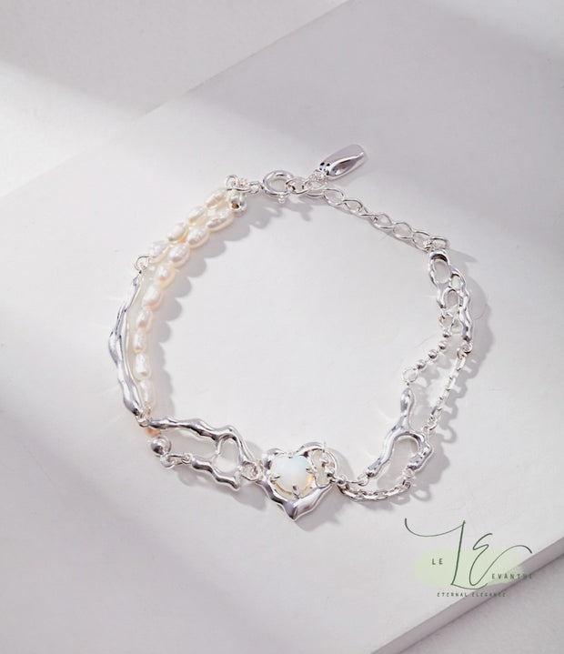 Freshwater Pearl Fluid Design Heart & Opal Inlay Bracelet | 925 Sterling Silver | 18K Fine Gold