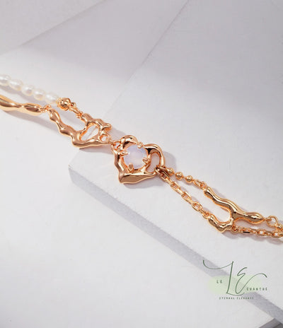 Freshwater Pearl Fluid Design Heart & Opal Inlay Bracelet | 925 Sterling Silver | 18K Fine Gold