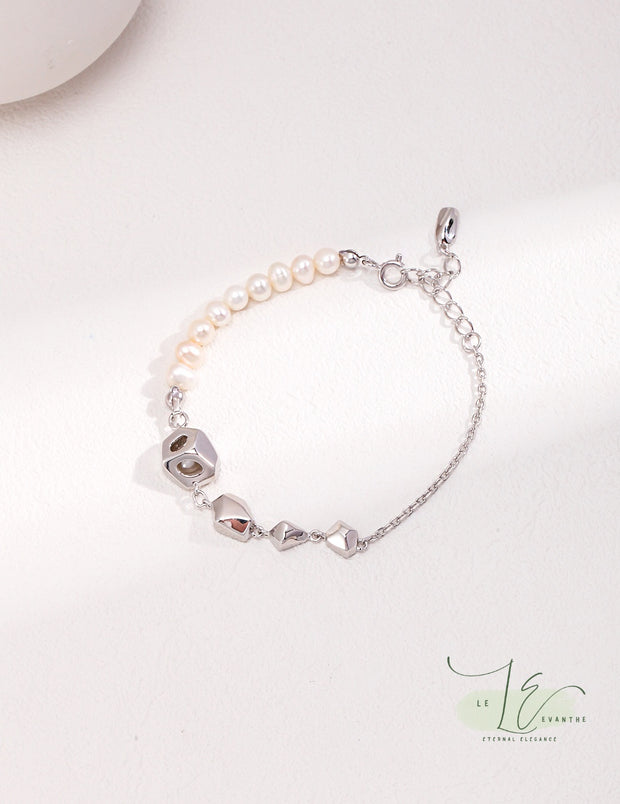 Irregular Geometric Bead & Freshwater Pearl Bracelet | 925 Sterling Silver | 18K Fine Gold