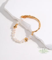 Fluid Design Half Bangle & Baroque Freshwater Pearl Bracelet with Irregular Beads |925 Sterling Silver | 18K Fine Gold