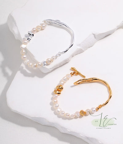 Fluid Design Half Bangle & Baroque Freshwater Pearl Bracelet with Irregular Beads |925 Sterling Silver | 18K Fine Gold