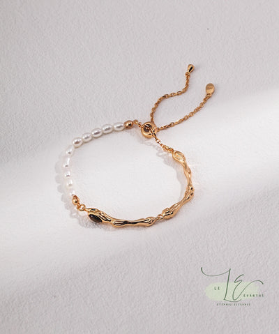 Fluid Design & Freshwater Pearl with Tiger’s Eye Accent Bracelet | 18K Fine Gold