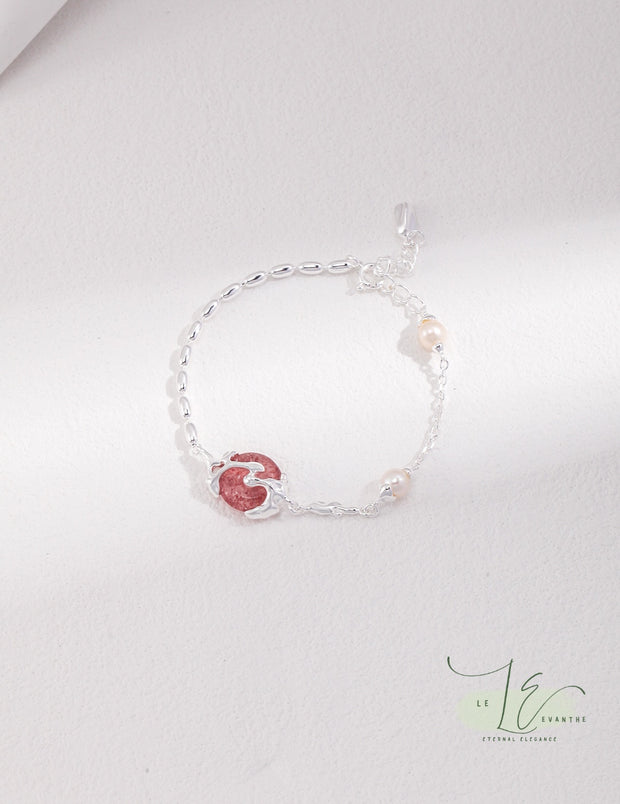 Sterling Silver & Freshwater Pearl with Strawberry Quartz  Bracelet | 925 Sterling Silver