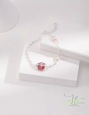 Sterling Silver & Freshwater Pearl with Strawberry Quartz  Bracelet | 925 Sterling Silver