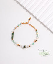 Freshwater Pearl, Moss Agate, Green Strawberry Quartz & 18K Gold Bead Bracelet | 18K Fine Gold