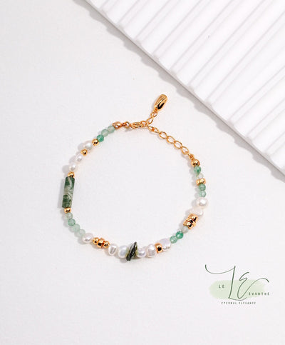 Freshwater Pearl, Moss Agate, Green Strawberry Quartz & 18K Gold Bead Bracelet | 18K Fine Gold