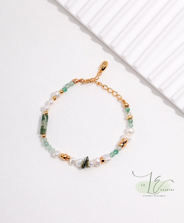 Freshwater Pearl, Moss Agate, Green Strawberry Quartz & 18K Gold Bead Bracelet | 18K Fine Gold