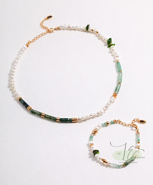 Freshwater Pearl, Moss Agate, Green Strawberry Quartz & 18K Gold Bead Bracelet | 18K Fine Gold