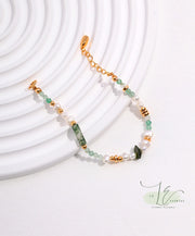 Freshwater Pearl, Moss Agate, Green Strawberry Quartz & 18K Gold Bead Bracelet | 18K Fine Gold